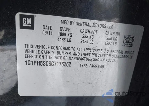 2012 Chevrolet Cruze Ltz из США, поврежденный, VIN 1G1PH5SC8C7176262